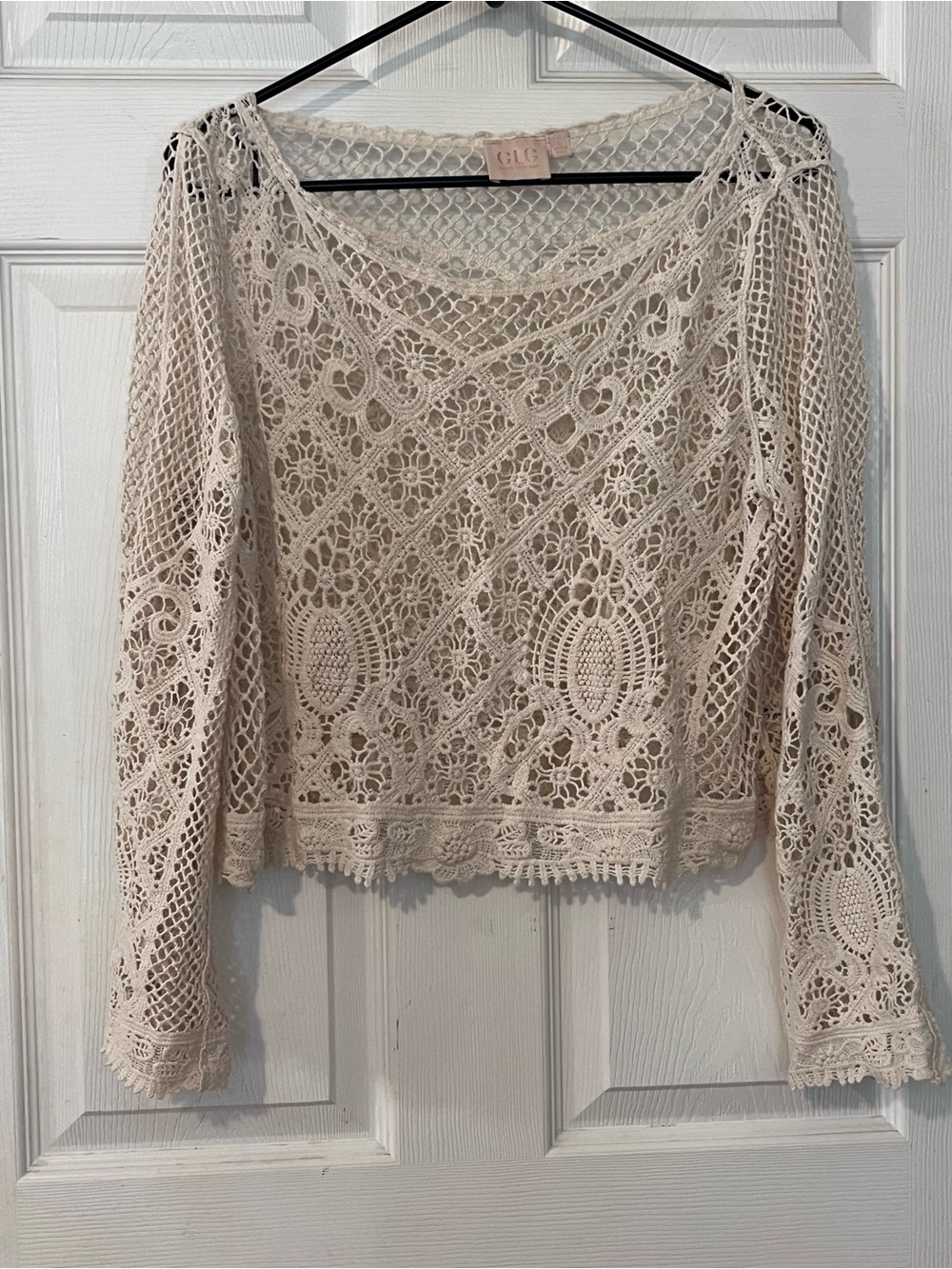 Good Luck Gem Crochet Lace Long-Sleeve Tunic in Beige